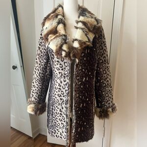 Leopard Print Faux Fur Trim Coat